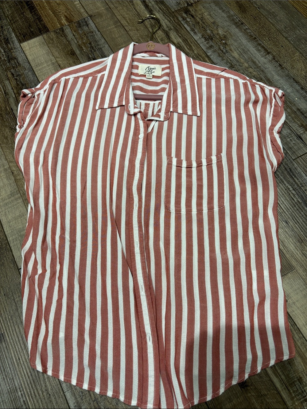 Striped Short-Sleeve Button-Down Shirt in Rust & White